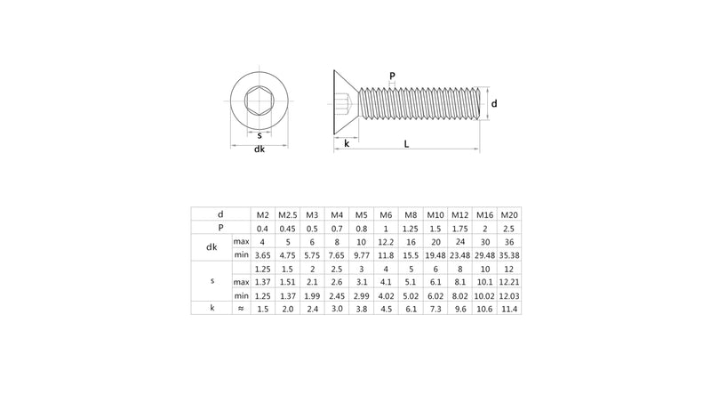 M2 Hex Flat Head Socket Cap Screw (12.9 Steel Black Oxide)